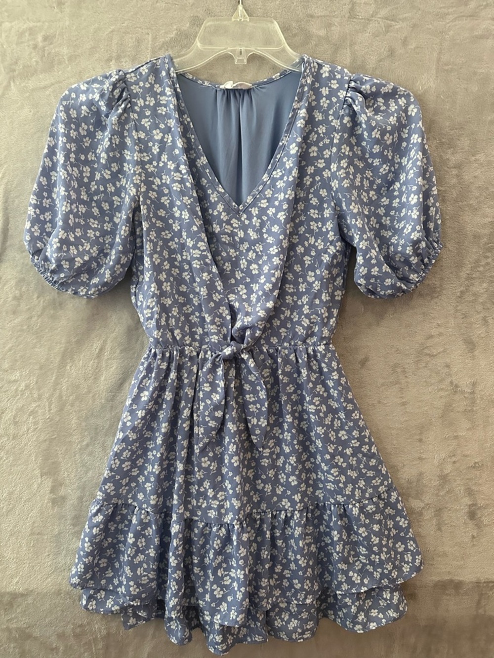 Sienna Sky Blue Floral V-Neck Tie-Waist Mini Dress